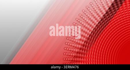 An abstract digital background featuring diagonal stripes transitioning into a textured pattern of circular spheres and curved lines in shades of red. Stock Photo