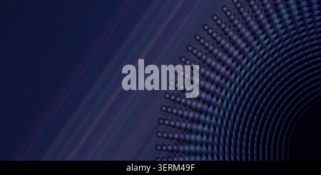 An abstract digital art background featuring a radial arrangement of spheres and concentric curves, rendered in deep, moody, and cool blue tones. Stock Photo