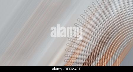 An abstract background featuring a radial pattern of spheres and curved lines, blending cool grey tones with subtle warm copper accents. Stock Photo