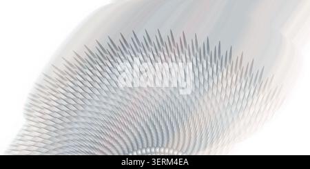An abstract digital art composition featuring a fan-like arrangement of sharp, needle-like elements radiating from a central point, isolated on white Stock Photo