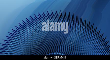 A detailed abstract design showing a fan-like arrangement of dark, pointed spikes set against a smooth, flowing deep blue gradient background. Stock Photo