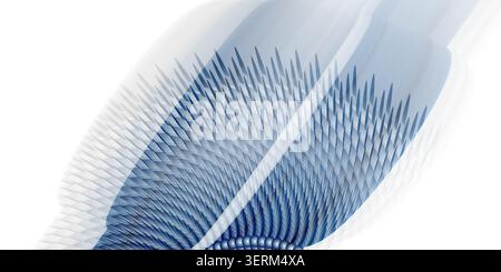 A high-resolution abstract digital artwork showcasing a symmetrical, fan-like radial arrangement of pointed, translucent blue spikes, isolated on whit Stock Photo