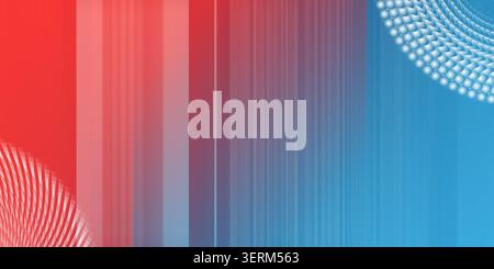 A vibrant abstract background featuring vertical stripes transitioning from red to blue, accented by circular dot patterns and radiating lines in the Stock Photo