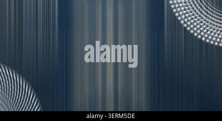 A dark blue abstract background featuring subtle vertical lines and stylized circular geometric patterns in the corners, creating a modern digital tex Stock Photo