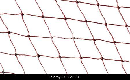 A detailed closeup shot of a brown knotted nylon net pattern, showing intertwined ropes and geometric diamond mesh structure, isolated against a clean Stock Photo