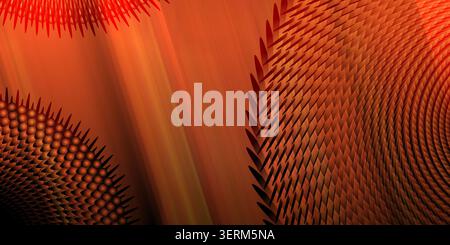 A vibrant digital artwork featuring intricate geometric patterns and radial textures in shades of red and orange, evoking energy and complex structure Stock Photo