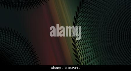 A dark, abstract digital background featuring intricate geometric patterns, spheres, and spikes, with a subtle gradient transition from dark to light. Stock Photo