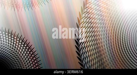 A vibrant abstract composition featuring repeating geometric shapes, spherical elements, and a soft, multi-colored light-streaked background. Stock Photo