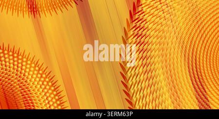 A vibrant digital abstract artwork featuring warm orange and yellow gradients, intricate geometric textures, and repeating radial shapes. Stock Photo
