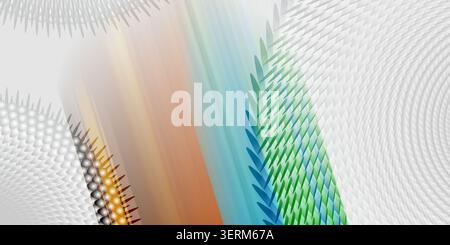 An abstract composition showing repeating geometric spike and circular patterns transitioning through a spectrum of orange, blue, and green gradients. Stock Photo