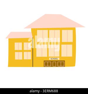 School building cartoon vector illustration isolated on white. Kids transport. Yellow school bus in doodle style. Stock Vector