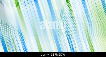 An abstract digital art background featuring diagonal stripes in shades of blue and green, combined with intricate, repeating geometric spike patterns Stock Photo