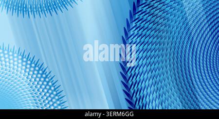 Abstract digital art background featuring repeating geometric spiky circular shapes and diagonal light streaks in various shades of blue. Stock Photo