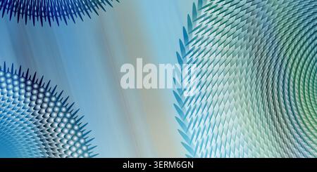 An abstract digital art composition featuring circular geometric structures with spiky, radial elements and smooth blue to green color gradients. Stock Photo