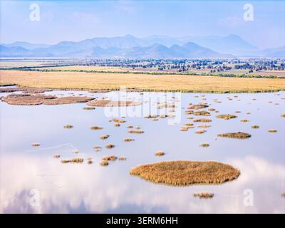 Wetlands and distant mountains of Lake Cuitzeo in Michoacan, Mexico. Stock Photo