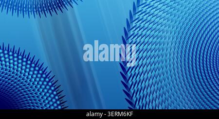 A vibrant blue abstract background featuring geometric circular patterns with radial spikes and a smooth, flowing gradient effect. Stock Photo