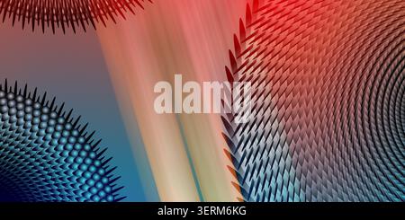 An abstract background transitioning from blue to red, featuring geometric circular patterns with radial spikes and a smooth gradient. Stock Photo