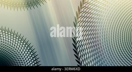 An intricate abstract composition featuring repeating spherical and leaf-like shapes arranged in circular patterns with a soft blue and green gradient Stock Photo