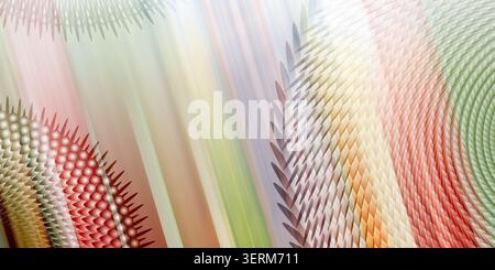 An abstract digital art composition featuring intricate radial patterns, spiked textures, and flowing color gradients in warm and cool tones. Stock Photo