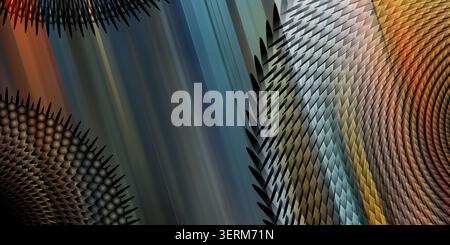 An abstract background featuring vibrant, multi-colored gradients, repeating geometric shapes, spikes, and spherical elements in a swirling design. Stock Photo