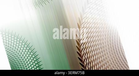An abstract diagonal element featuring green textured spikes, a smooth gradient, and brown scales, isolated on a pure white background. Stock Photo