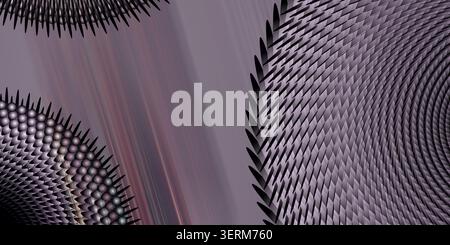 An elegant purple-toned abstract image featuring radial geometric patterns, sharp spikes, and a subtle, dark atmospheric gradient. Stock Photo