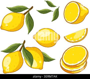 Flat vector illustration of whole lemons, slices, and green leaves on a white background. Stock Vector