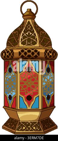 Colorful vector illustration of ornate brass lantern with stained glass and intricate geometric designs Stock Vector