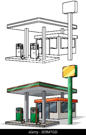Modern roadside gas station vector, showing clean line-art outline and fully colored shaded version Stock Vector