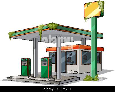 Vector illustration of deserted gas station with moss-covered canopy, dirty windows, and empty pumps Stock Vector