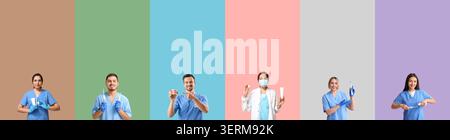 Dental care professionals holding oral hygiene products and tools on colorful backgrounds Stock Photo