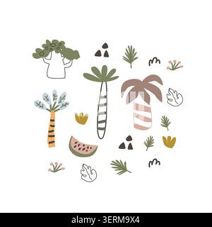 Cute african plants and tropical palms set in scandinavian doodle style. Cartoon vector illustration, Tropical palm and fruits, doodle floral elements Stock Vector
