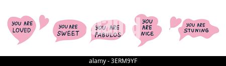 Pink Compliment hand written phrases and doodle speech bubbles. Self love, motivation elements set. Pink speech bubbles set with positive words for be Stock Vector