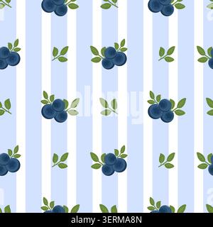 Seamless pattern of blueberry clusters with green leaves on alternating light blue and white vertical stripes, fresh and natural fruit design for Stock Vector