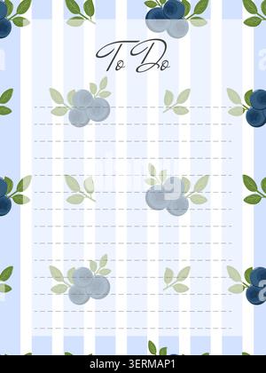 Decorative To Do list template with dotted lines, elegant cursive title, vertical light blue and white stripes, and blueberry illustrations with green Stock Vector