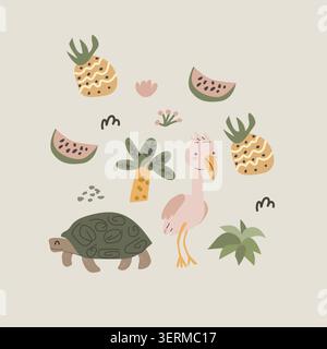 Cute african turtle and flamingo round composition in scandinavian doodle style. Cartoon vector illustration, Tropical palm and fruits, doodle floral Stock Vector