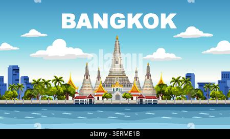 Flat vector illustration of Wat Arun temple along the Chao Phraya river in Bangkok Stock Vector