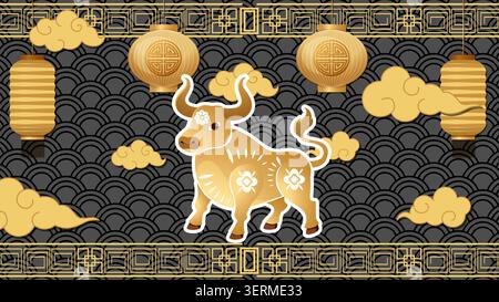 Golden ox vector illustration with traditional lanterns and clouds on a dark patterned background Stock Vector