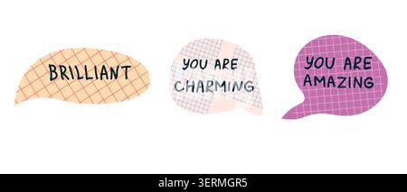 Set of paper cut of notebook speech bubble talks with compliments. Hand written phrases brilliant, charming, amazing Speech bubbles set for best frien Stock Vector