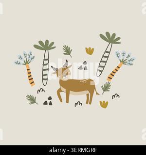 Cute african anthelope and palm, tropical leaf composition in scandinavian doodle style. Cartoon vector illustration, Tropical palm and fruits, doodle Stock Vector