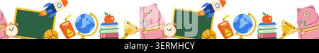 Cute Back to School supplies border, flat vector illustration. School stationery, book and apple, backpack, science background. Stock Vector