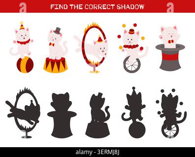 Educational game for children Find the correct shadow of circus cats. Fun kittens in childish flat style for preschool worksheets, activity books Stock Vector