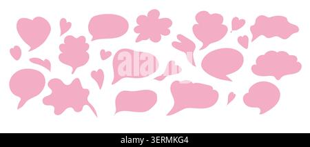 Pink Speech bubbles in doodle flat style. Cloud textbox hand drawn set. Set of blue text comment box with organic abstract heart shapes. Stock Vector