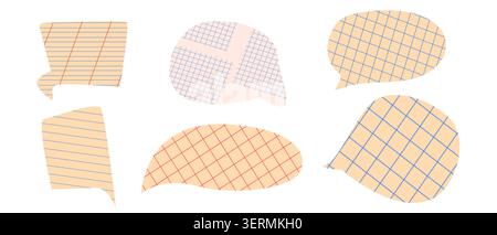 White grid paper speech bubbles with grid set. Flat speech balloon stickers for dialogue, collage of notebook, and creative paper cut message. School Stock Vector