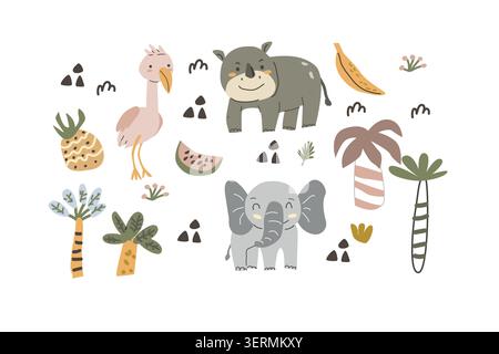 Cute jungle animal set in scandinavian doodle style. Safari baby animals with floral elements. Rhino, elephant, flamingo, floral doodle set. Stock Vector