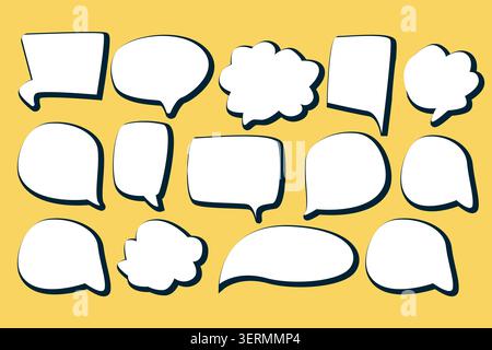 White Speech bubbles with black shadow in cartoon doodle style on yellow background. Cloud textbox hand drawn set. Set of text comment box. Speech bal Stock Vector