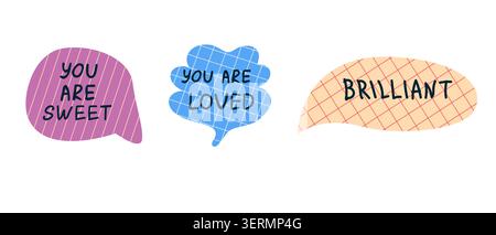 Set of paper cut speech bubble talks with compliments. Hand written phrases Sweet, you are loved, brilliant Speech bubbles paper cut set for best frie Stock Vector