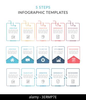 Three infographic templates with five steps, process chart, workflow, vector eps10 illustration Stock Vector