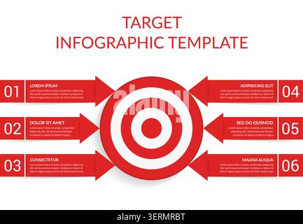 6 Steps to your goal concept, infographic template with target with 6 arrows with text and numbers, vector eps10 illustration Stock Vector
