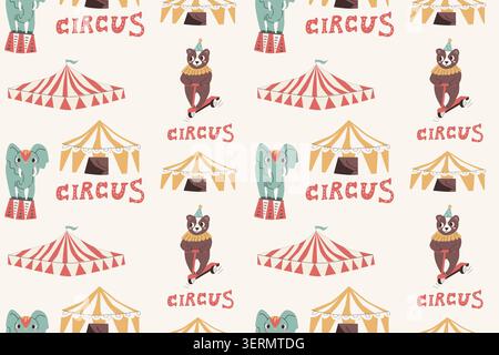 Circus animals and tent seamless pattern. Retro cartoon vector illustration with cute baby animal. bear on bike, elephant on drum and circus tents. Ci Stock Vector